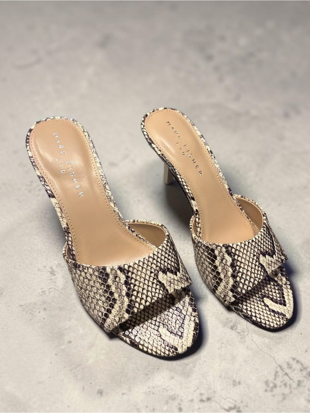 Marc Fisher Snake-Print Mule Heels in Neutral Taupe and Black